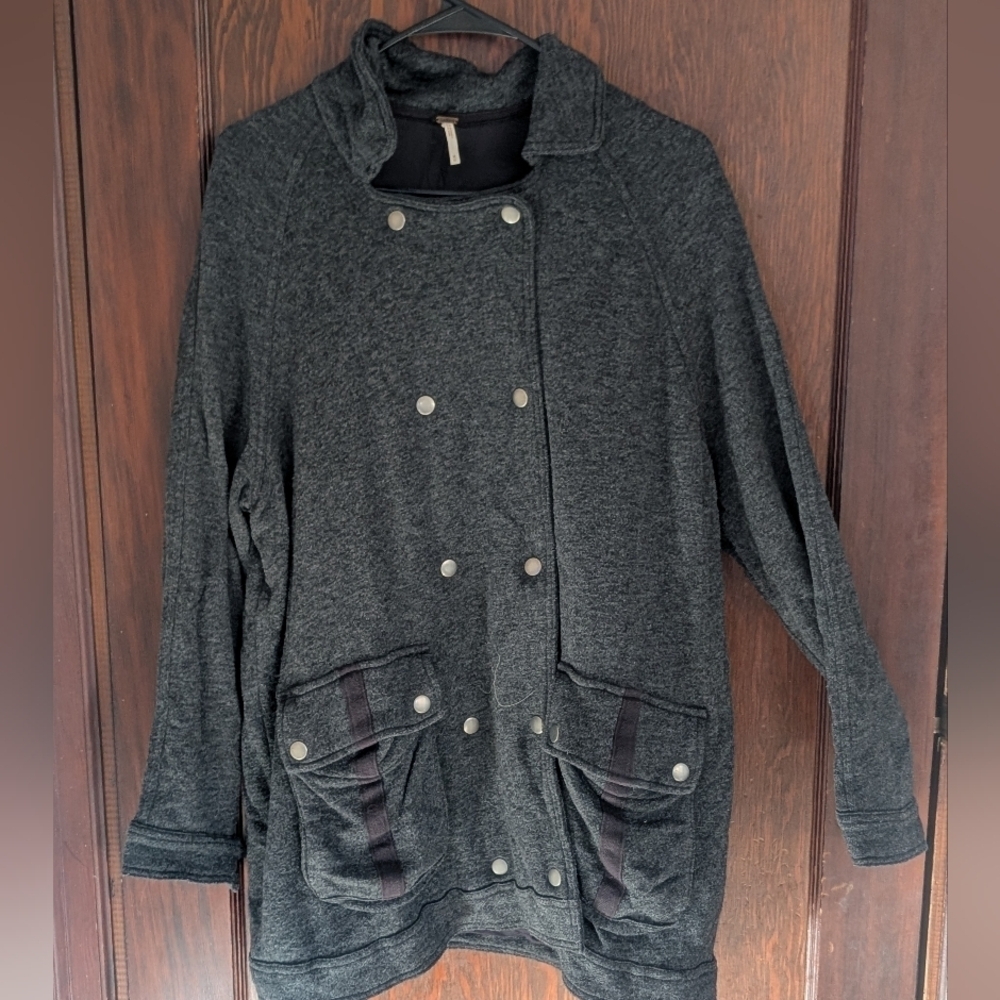 Gray Free People Grey Linen Blend Slouchy Fit Pea Coat sz Medium